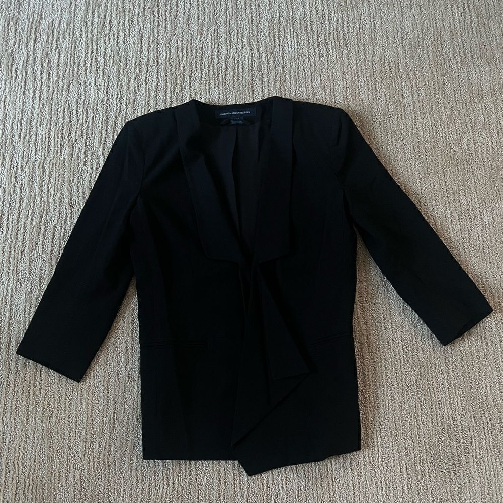 French Connection Black Open Front Ruffle Blazer Jacket